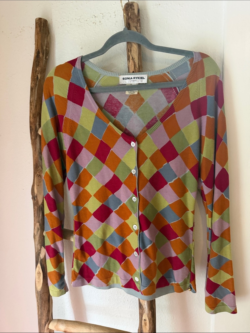 Sonia Rykiel Colorful Check V-Neck Lightweight Cotton Cardigan Sweater S/M